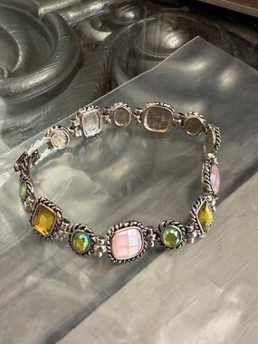 I.S Stamped Silver Tone Multi Faux Gemstone Bracelet in Pink and Yellow